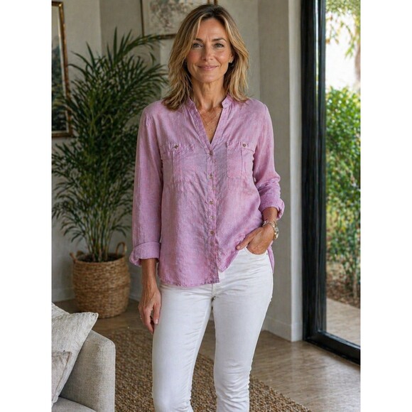 J. Jill Tops - J. Jill Love Linen Shirt M Pink 100% Linen Button Front Tunic Casual Lightweight